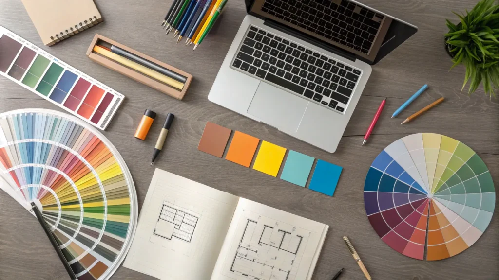 A designer's workspace viewed from above