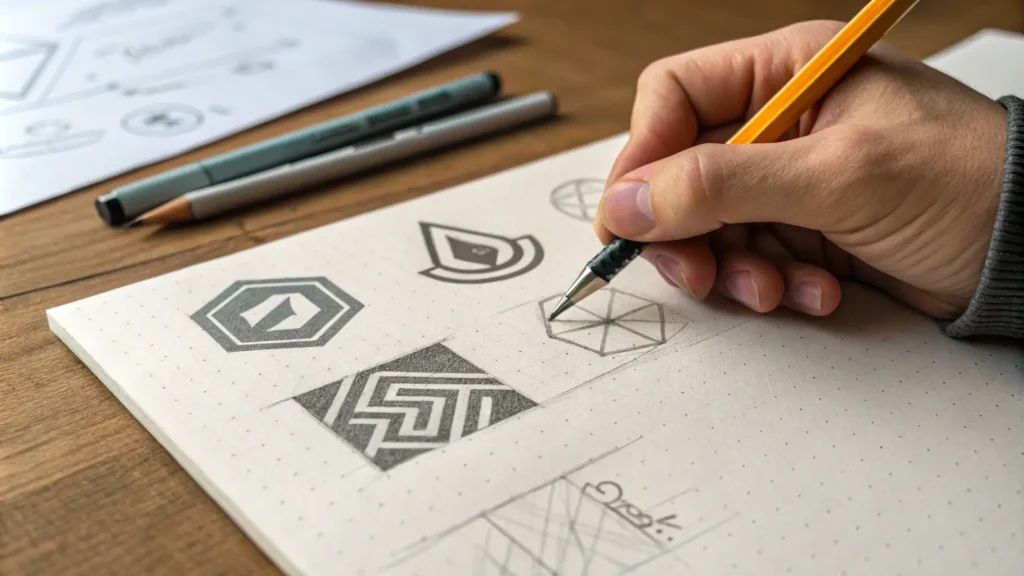 A hand-drawn sketch of a logo design in progress
