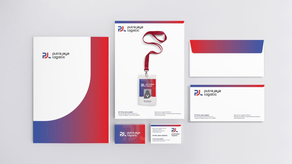 Kolase aplikasi desain logo dan identitas visual Putra Jaya Logistic pada berbagai media. Terlihat desain untuk map folder, kartu nama, amplop, kop surat, dan ID card. Logo PJ berwarna merah dan putih dengan gradasi, ditampilkan secara konsisten. Warna yang dominan digunakan adalah biru, merah, dan putih, menciptakan identitas visual yang kuat dan kohesif.
