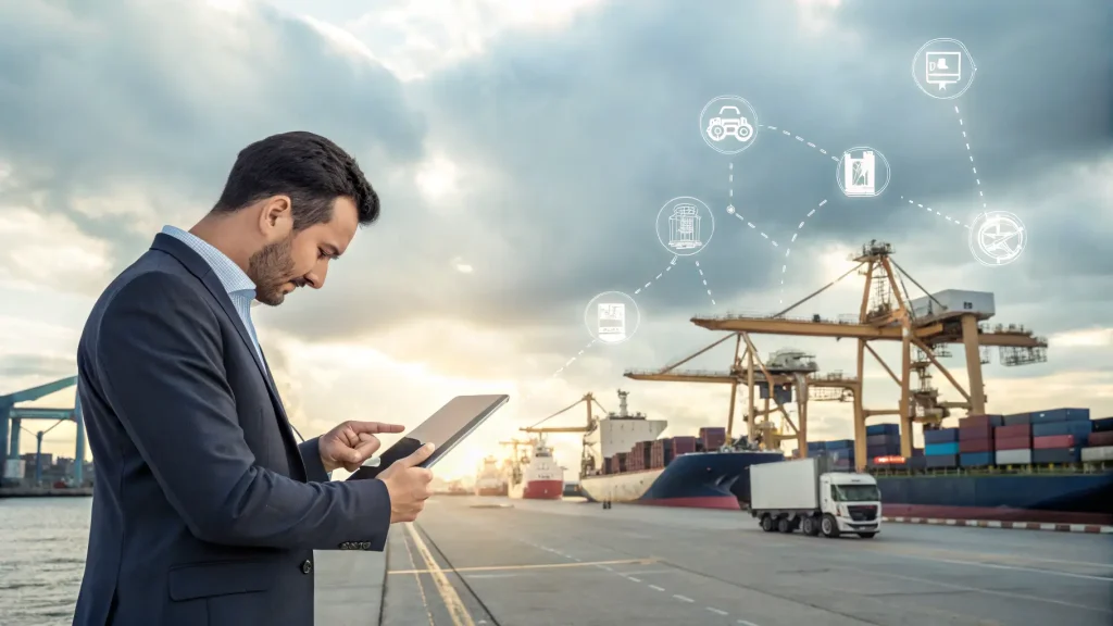 Seorang pria memeriksa tabletnya di pelabuhan pengiriman yang sibuk.