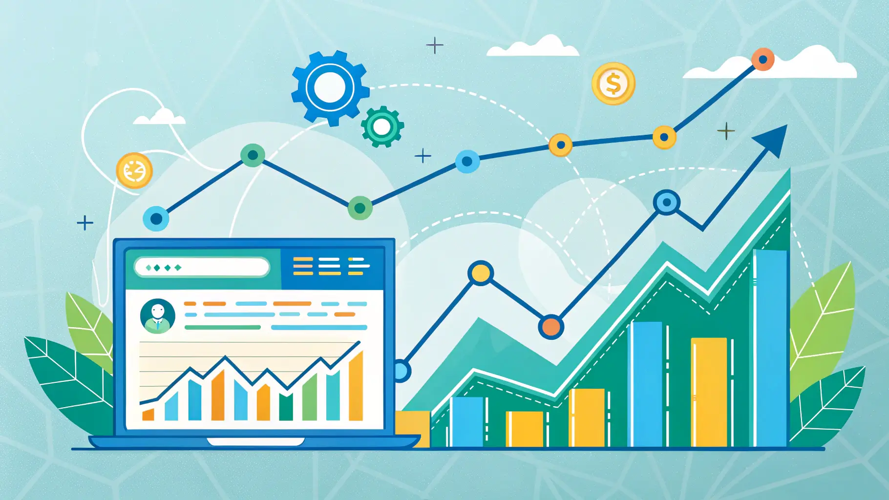 Grafik pertumbuhan website dengan ikon plugin SEO dan laptop.