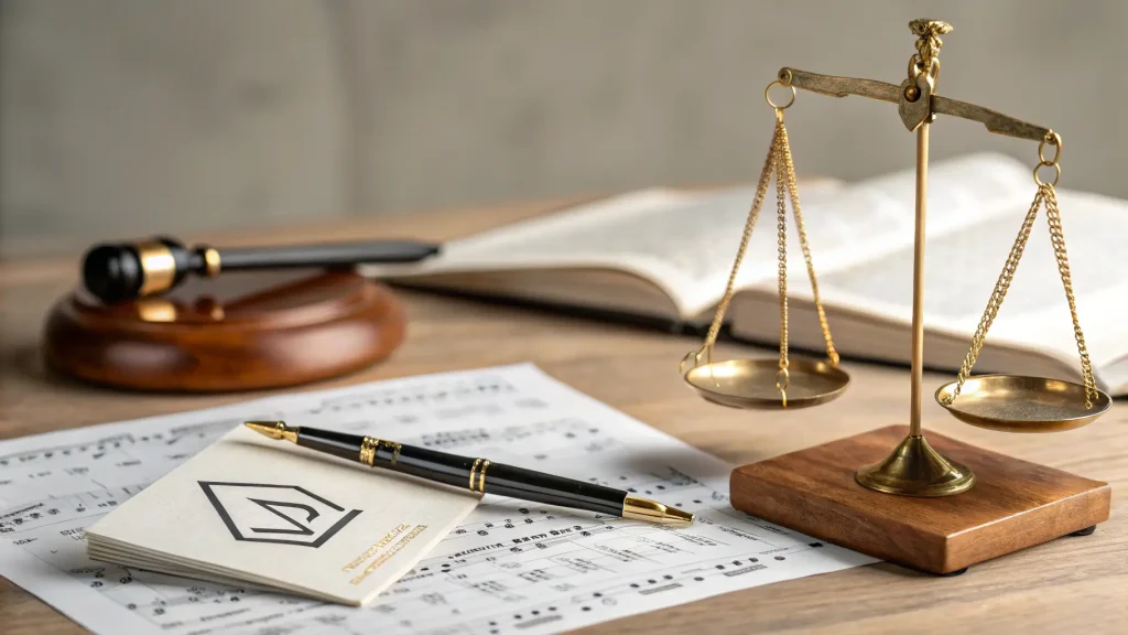 Timbangan keadilan membandingkan elemen hak cipta (musik, pena) dan merek (logo)