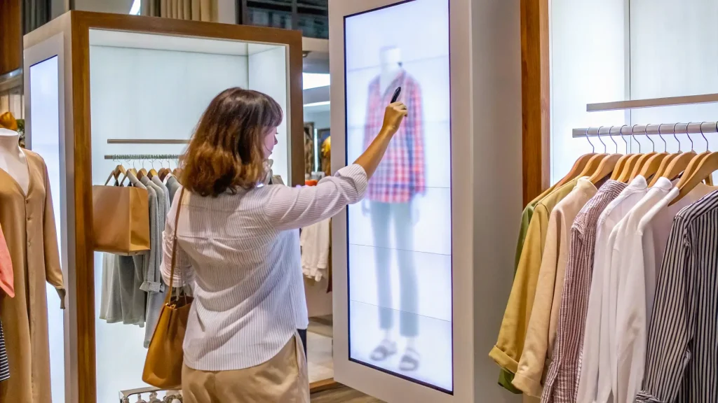 Wanita menggunakan layar sentuh digital di toko pakaian