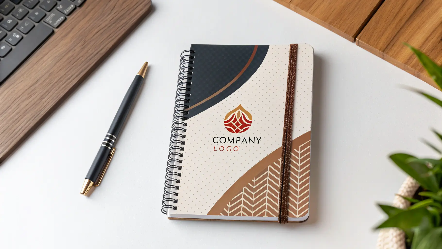 Logo perusahaan tercetak di notebook profesional di atas meja kerja.