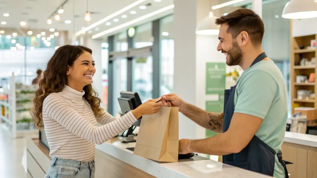 Pelanggan tersenyum menerima tas belanja dari staf toko