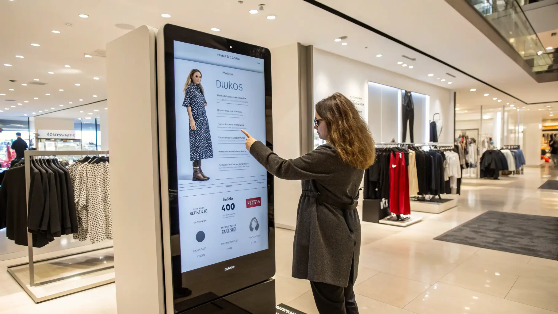 Wanita menggunakan layar sentuh digital di toko pakaian
