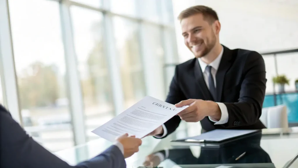 Profesional pria tersenyum menyerahkan dokumen tender.