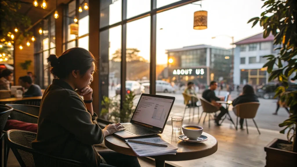 Wanita membuat narasi branding company profile di laptop kafe, latar "About Us".