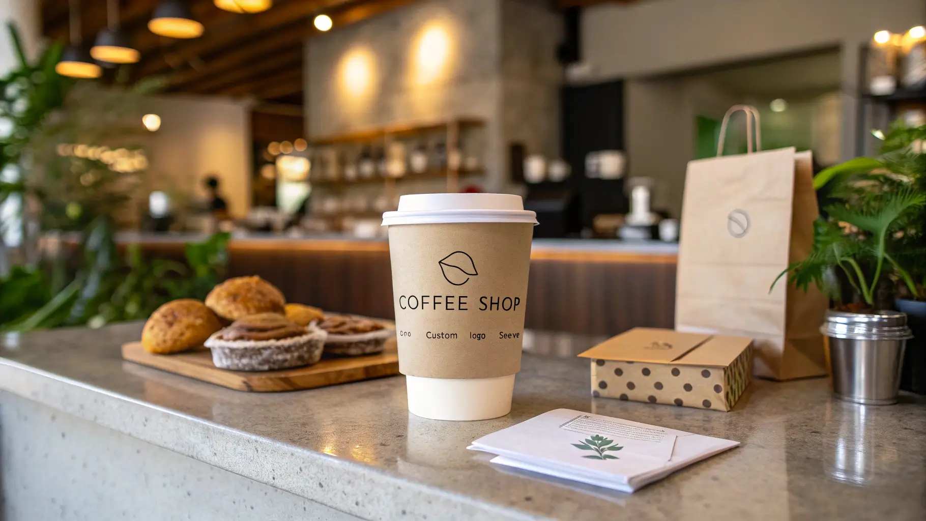 Kemasan produk coffee shop dengan branding yang konsisten.