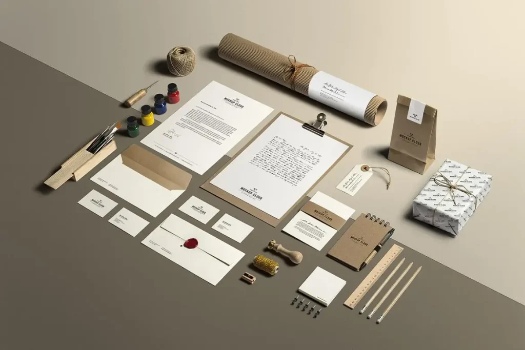 Satu set stationery yang menunjukkan konsistensi identitas brand.
