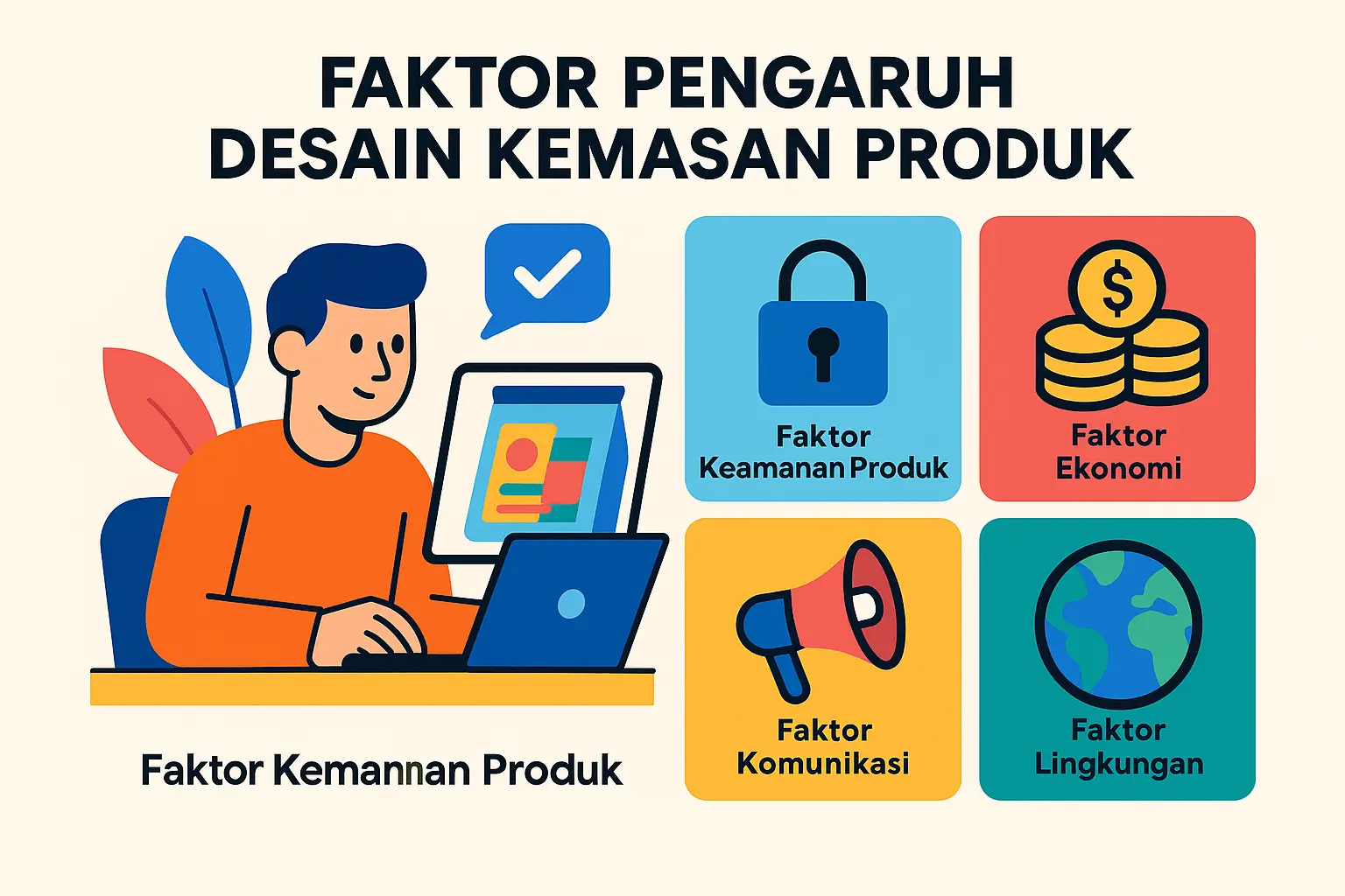 Seorang desainer dengan ikon faktor desain kemasan: keamanan, ekonomi, komunikasi, dan lingkungan.