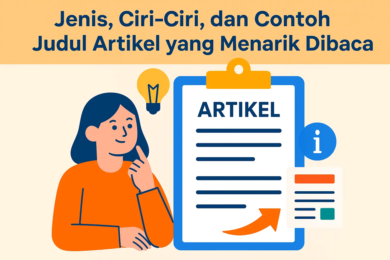 Ilustrasi seorang wanita yang mendapatkan ide untuk menulis artikel yang menarik.