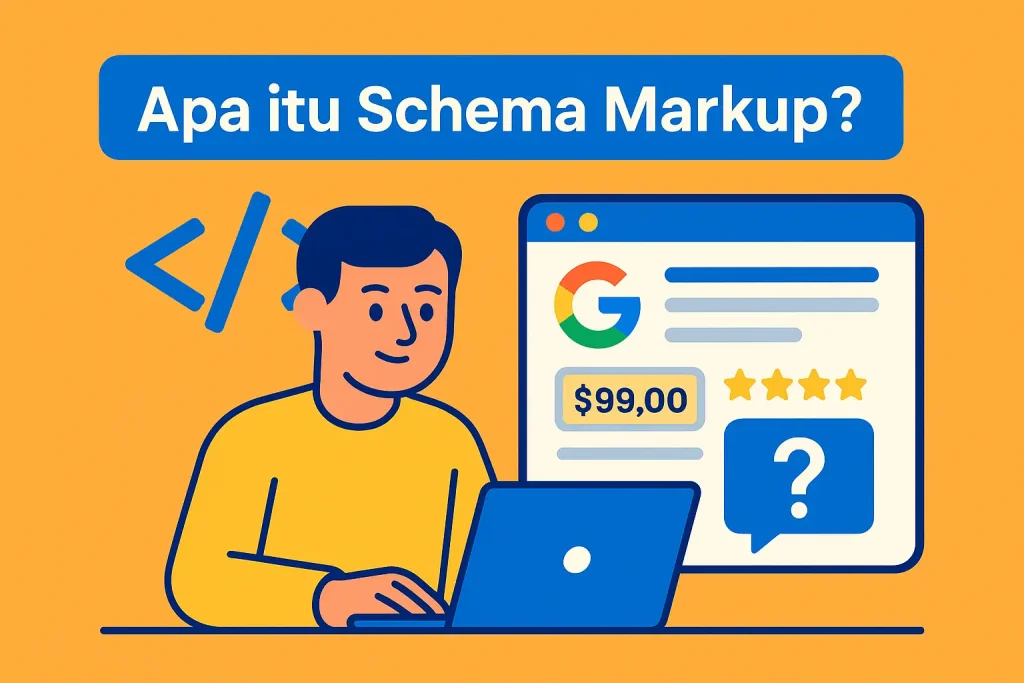 Ilustrasi schema markup dengan contoh rich snippets harga dan rating.