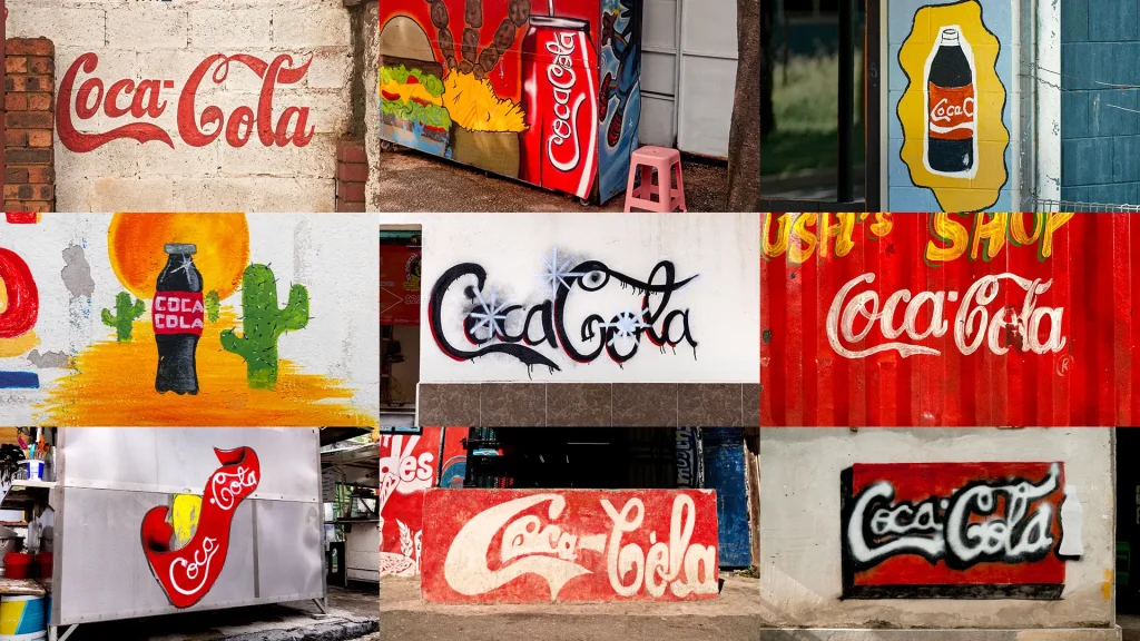 Kolase logo Coca-Cola yang menunjukkan konsistensi brand.