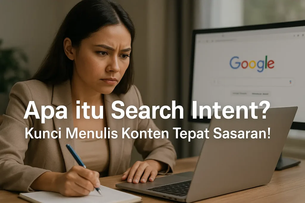 Wanita berpikir di depan laptop dan catatan.