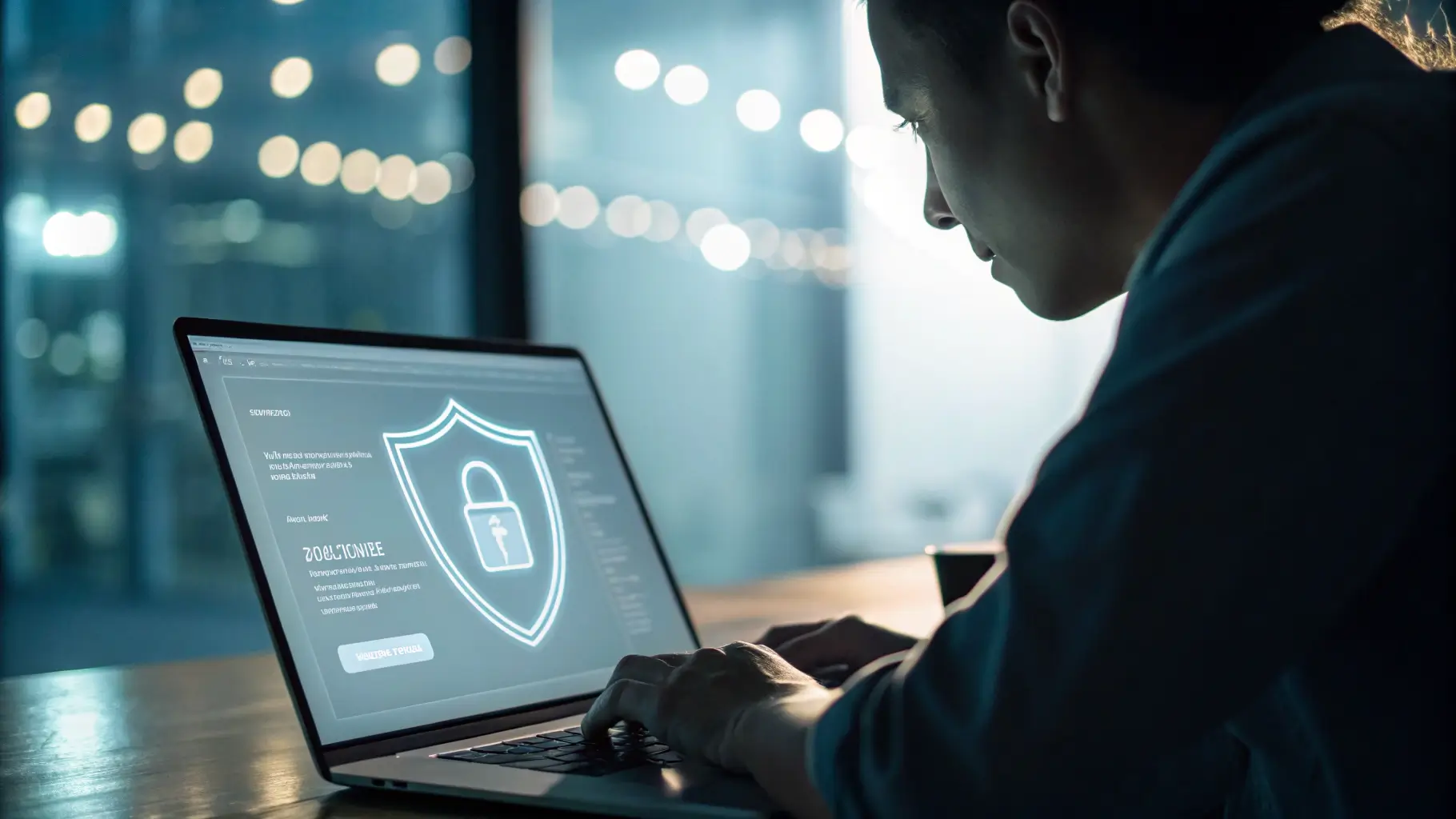 Layar laptop menampilkan ikon perisai keamanan saat proses maintenance website.