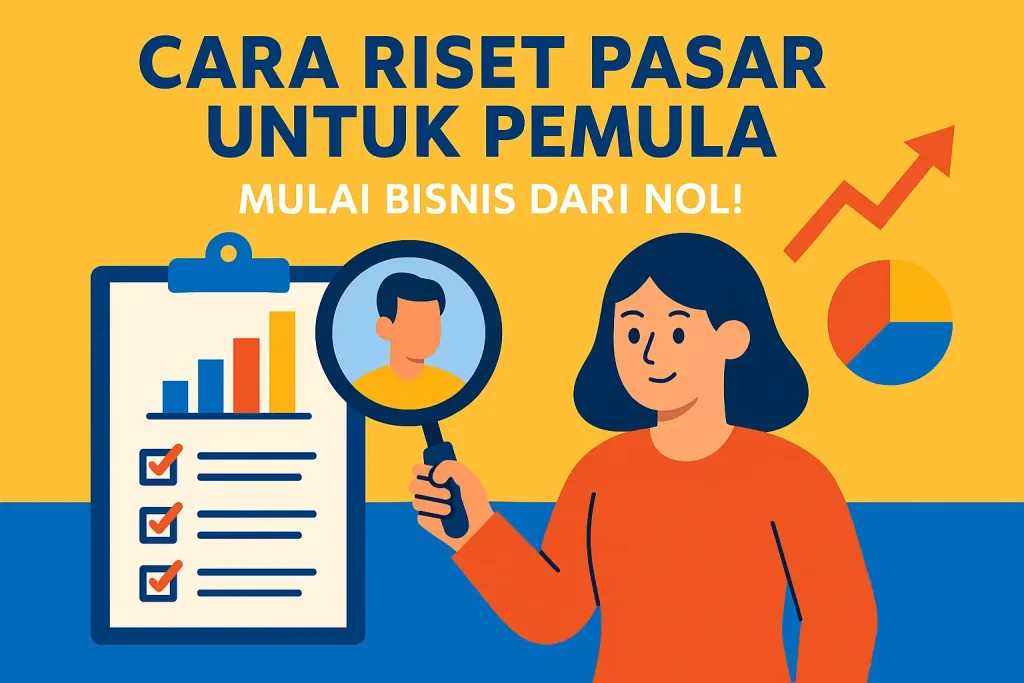 Ilustrasi seorang wanita melakukan riset pasar dengan menganalisis profil konsumen, bagan data, dan daftar periksa.