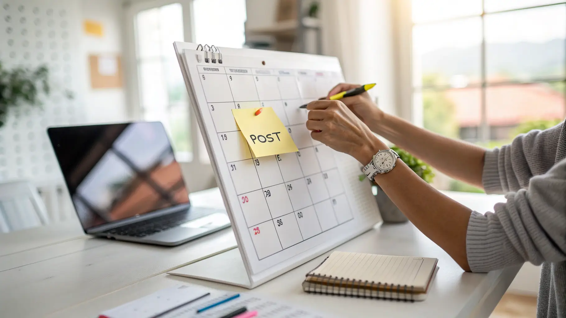 Orang menandai kalender untuk jadwal rutin update konten blog.