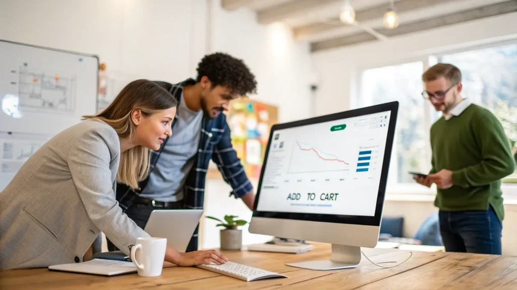 Tim digital marketing menganalisis data konversi di layar komputer.