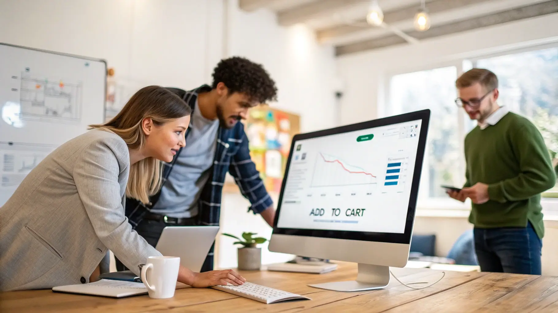 Tim digital marketing menganalisis data konversi di layar komputer.