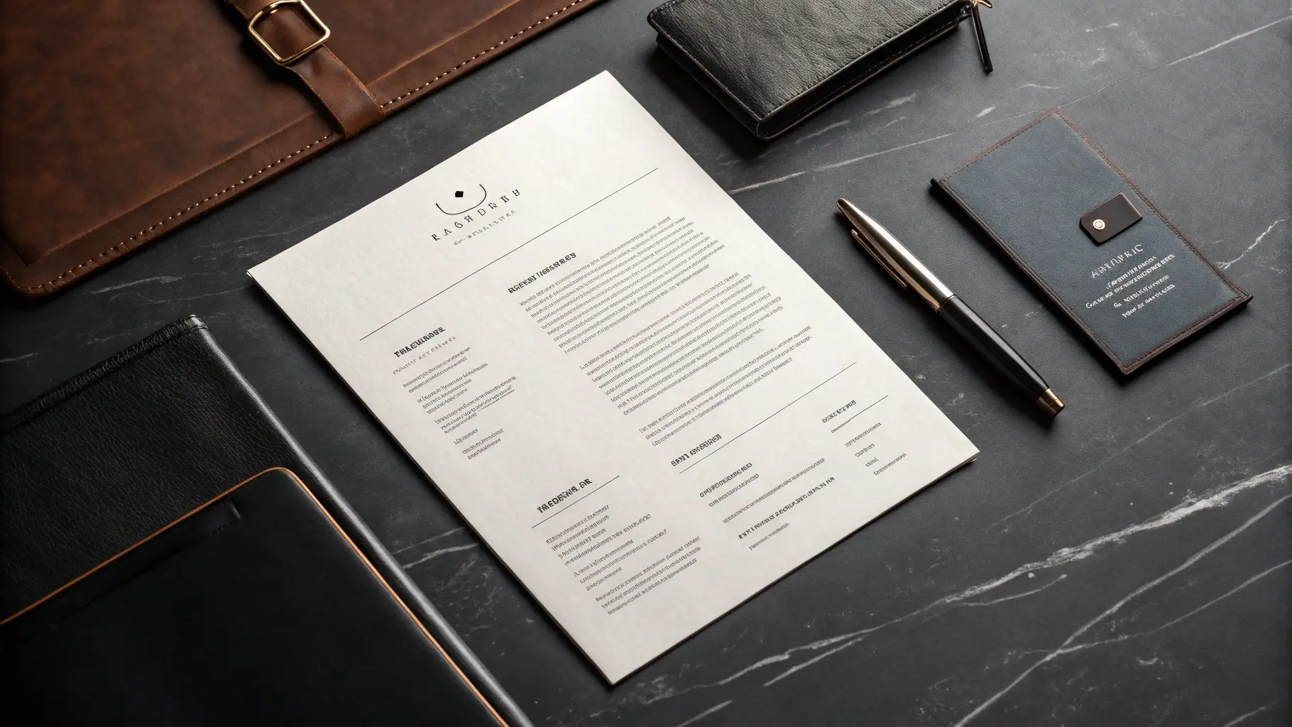 Tampilan flat lay CV dengan font yang bersih dan barang-barang profesional.