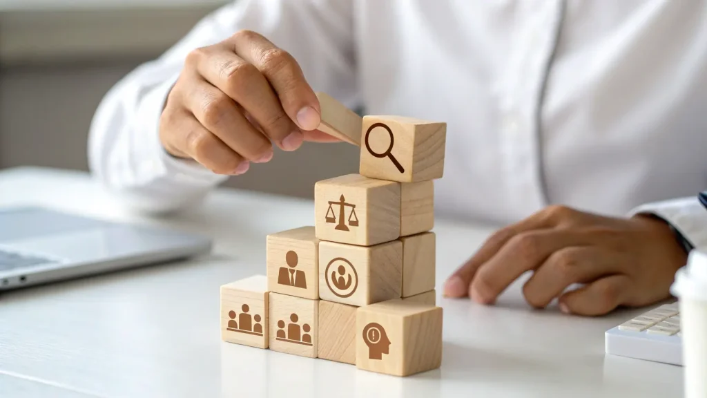 Tangan menyusun balok kayu strategi bisnis dengan ikon SEO di puncaknya.