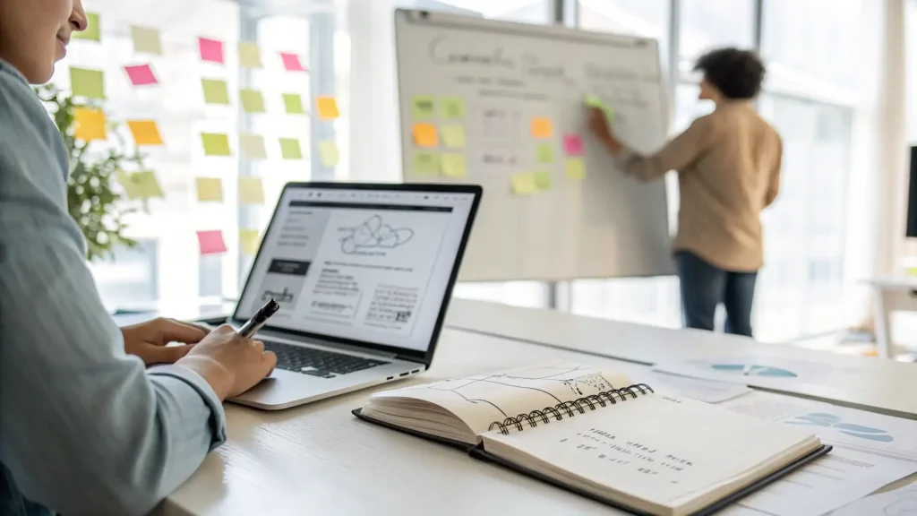 Dua orang profesional merancang strategi content marketing menggunakan laptop dan whiteboard.