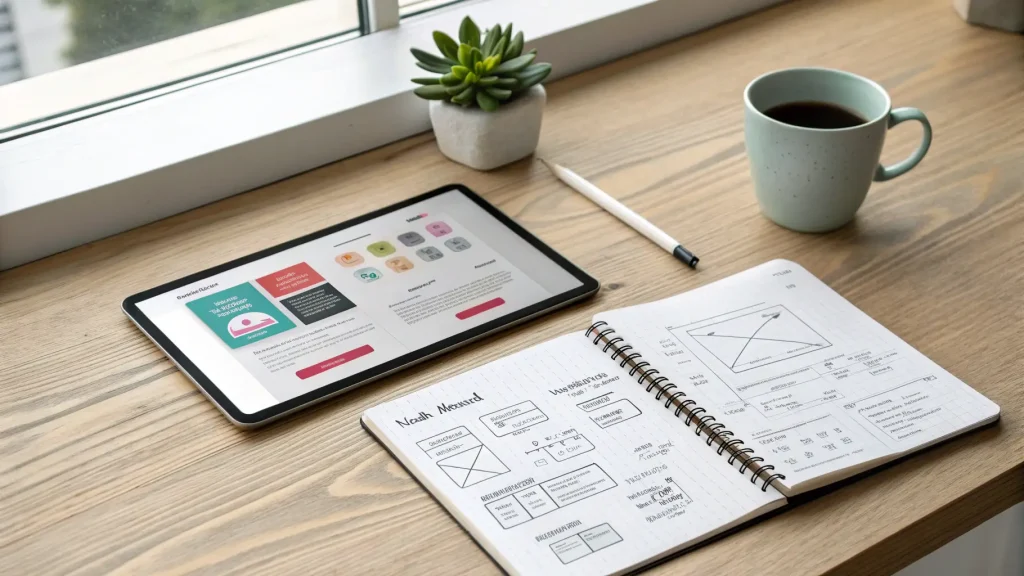 A creative agency's desk with wireframe sketches in a notebook and a UI design on a tablet.