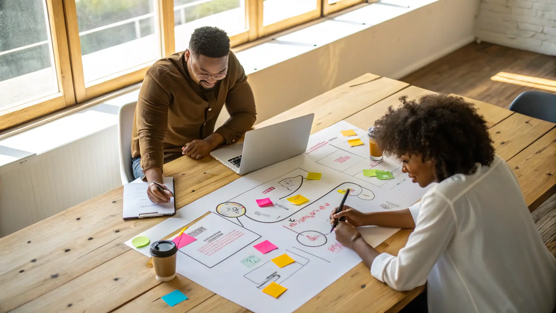 Dua orang merencanakan strategi SEO dengan peta customer journey.