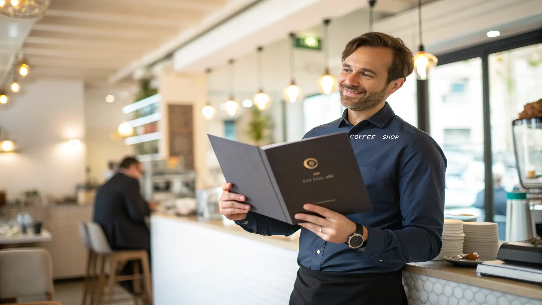 Pemilik bisnis kafe profesional memegang menu dengan logo