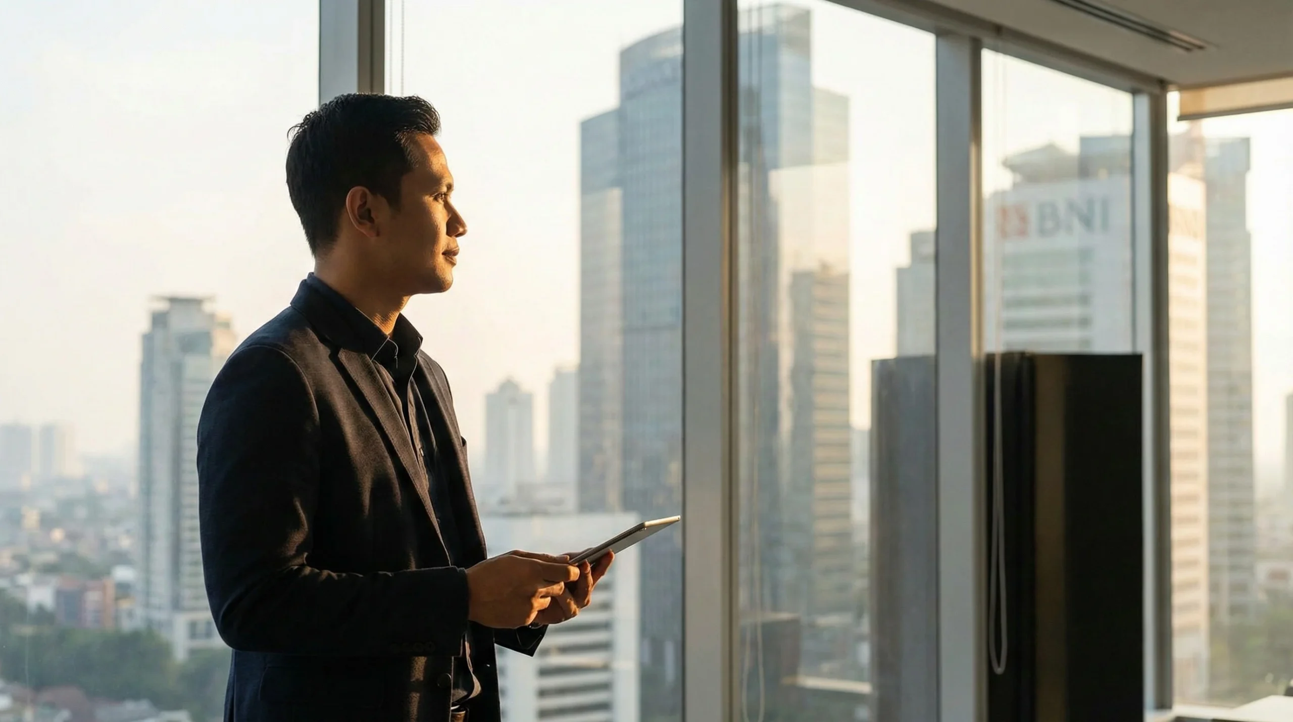 CEO pria berdiri di depan jendela kantor berlatar gedung Jakarta, memegang tablet.