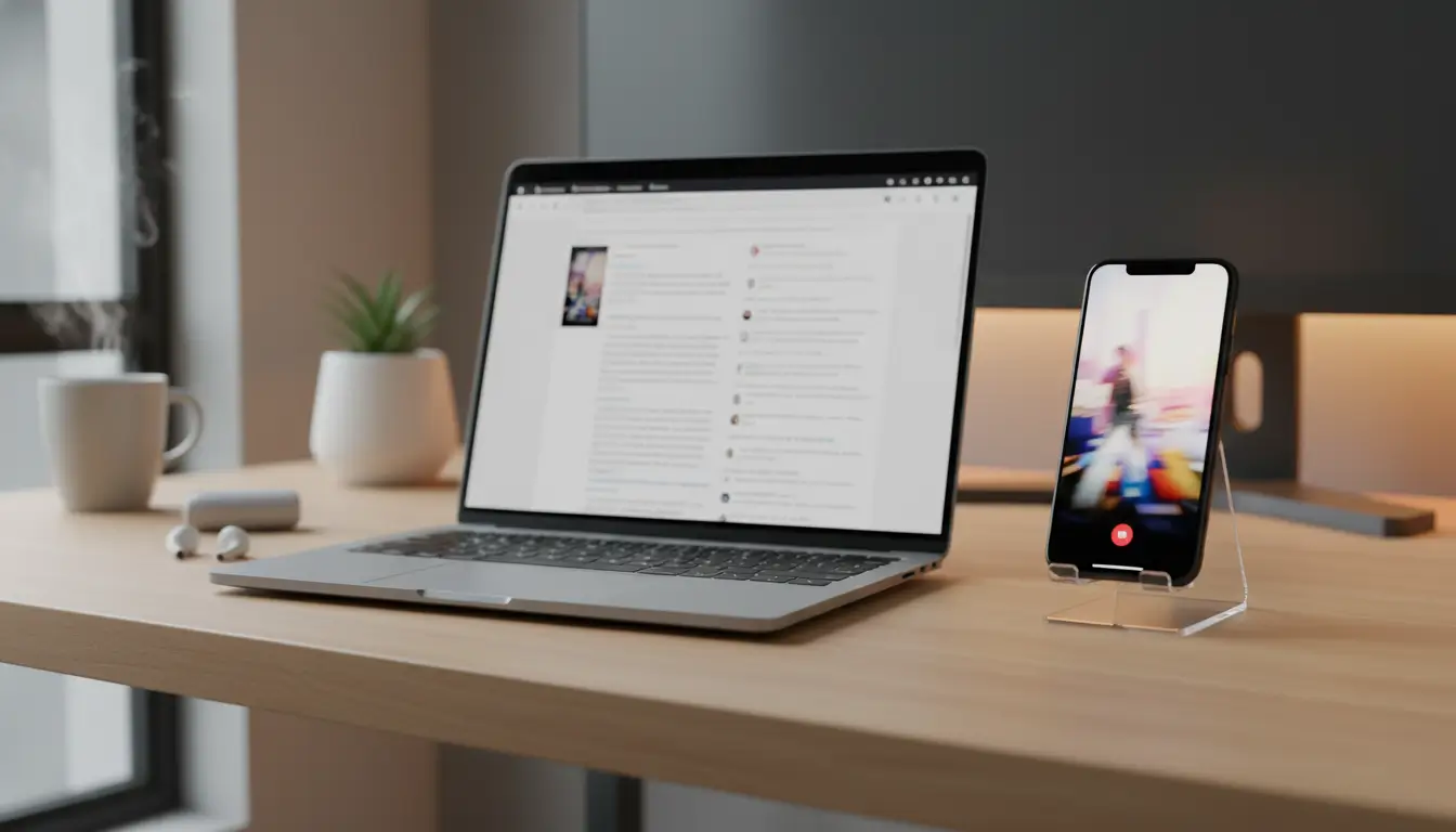 Laptop menampilkan artikel teks di sebelah ponsel dengan video vertikal TikTok.