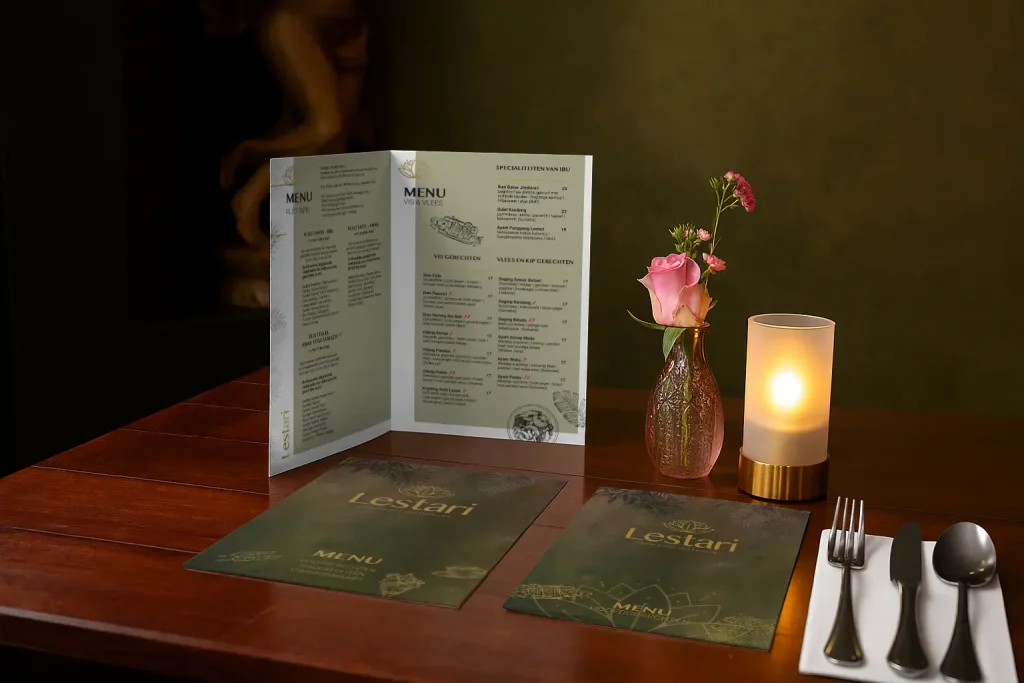 Menu Lestari di meja makan dengan vas bunga dan lilin.
