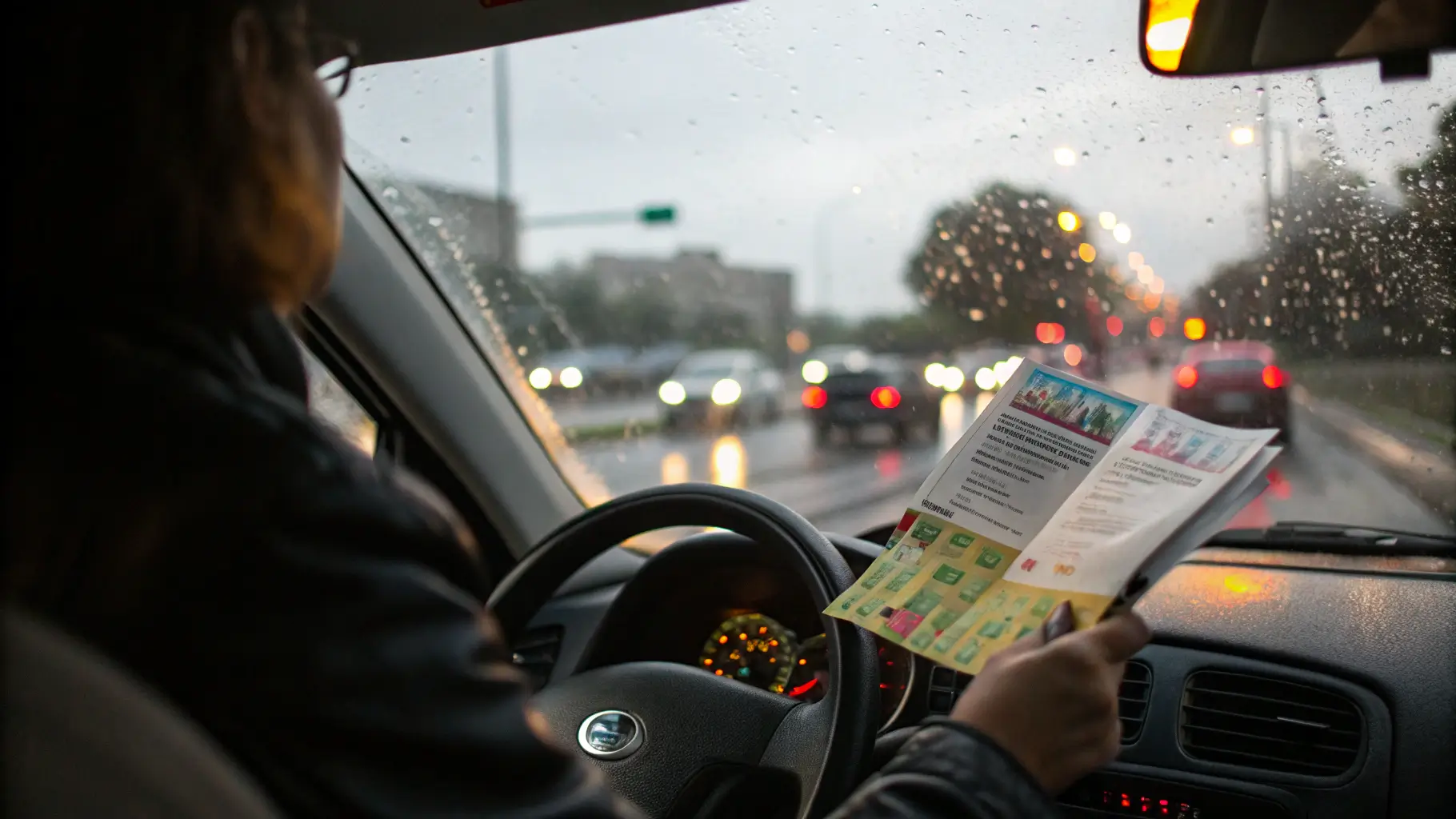 Pengemudi mobil melihat brosur saat di tengah kemacetan.