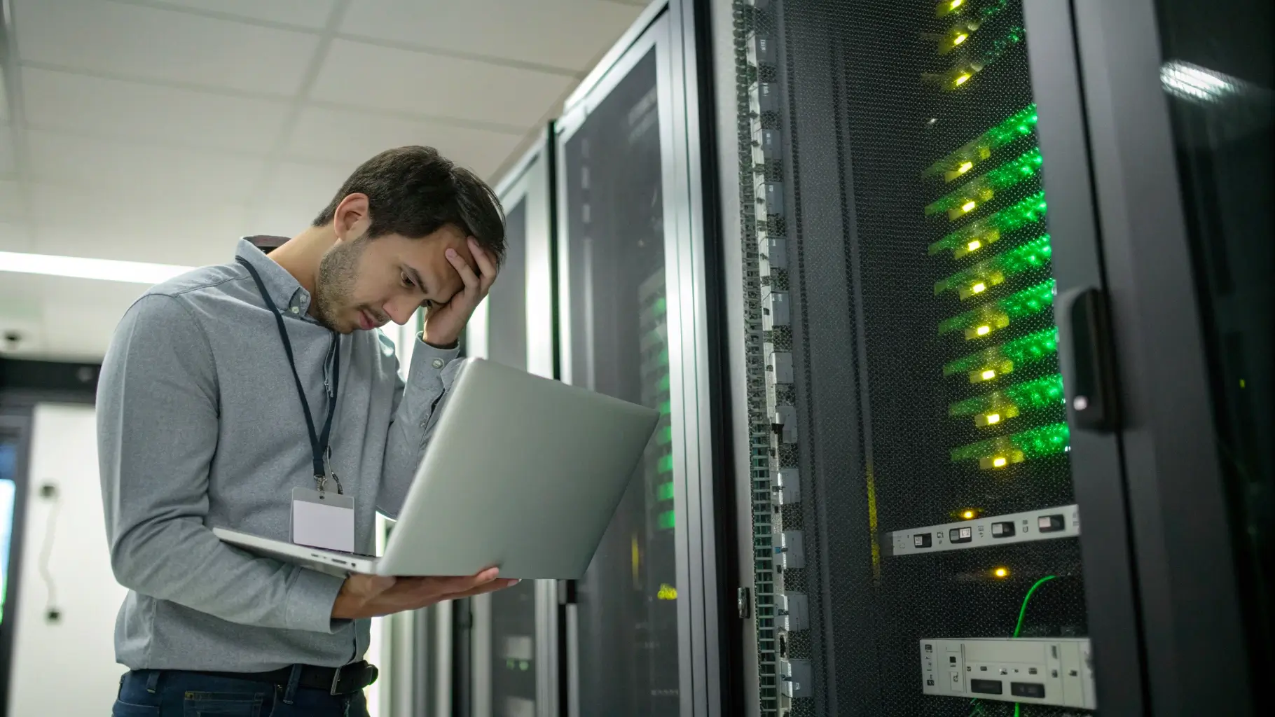 Seorang admin IT pusing melihat laptop di ruang server