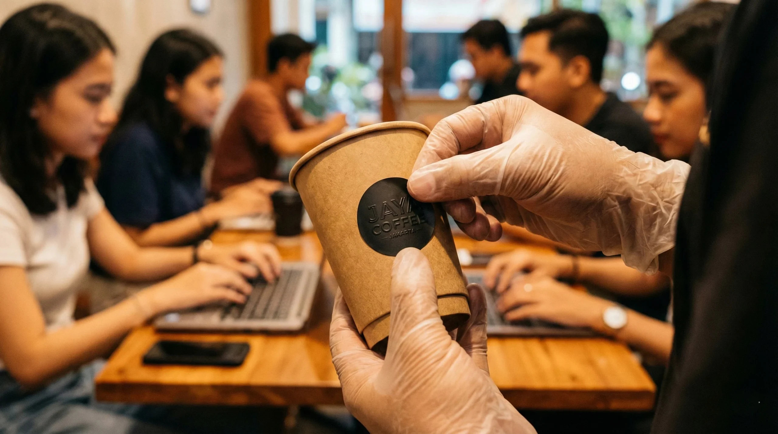 Barista menempel stiker logo brand pada gelas kopi di kafe Jakarta
