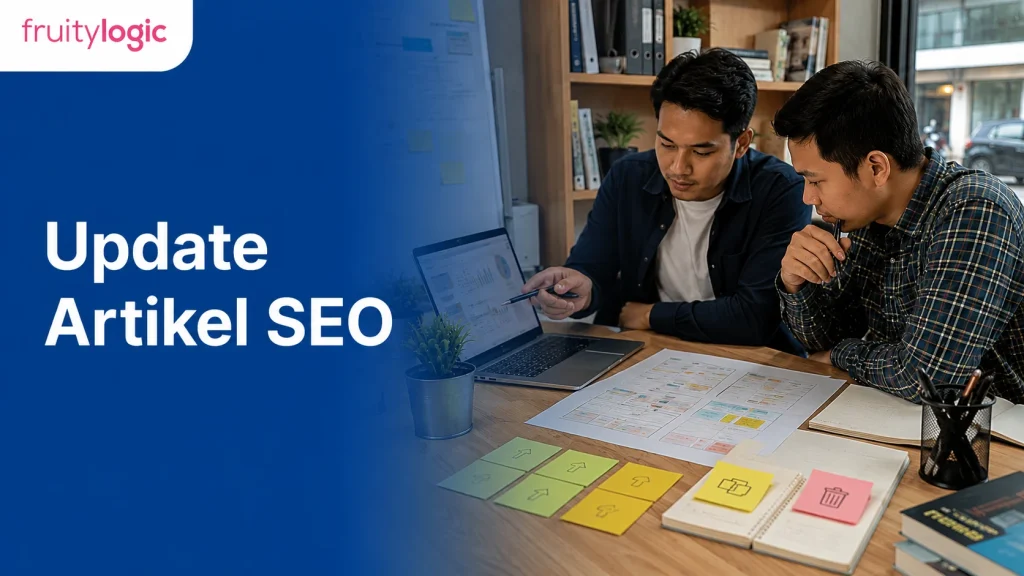 Tim SEO meninjau audit konten website untuk menentukan artikel yang perlu diperbarui, digabung, atau dihapus.