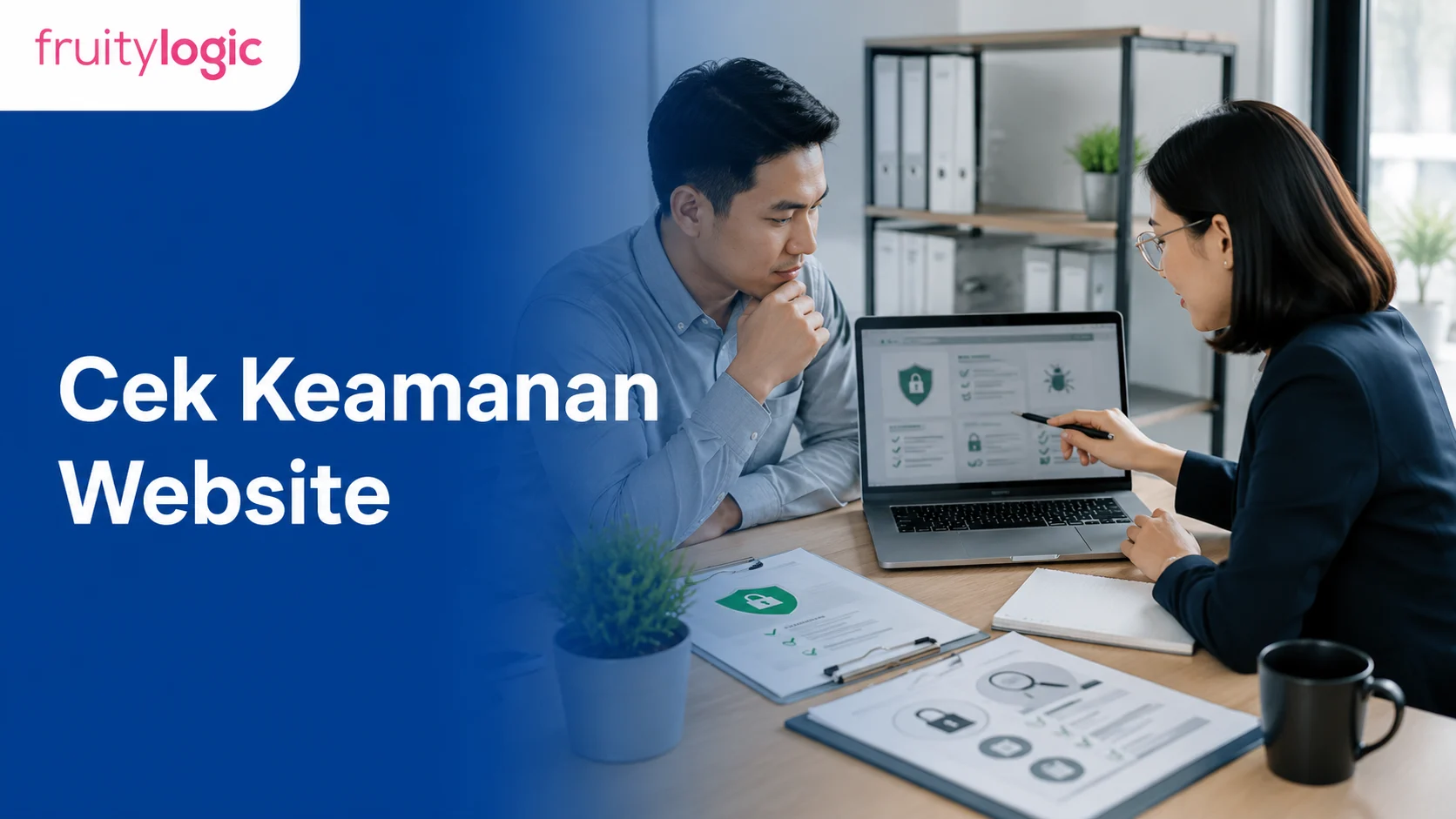 Pemilik bisnis dan spesialis web mengecek keamanan website melalui laptop dan catatan audit.