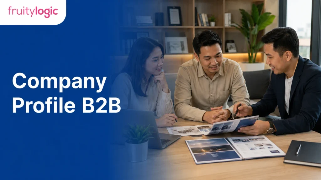 Tim bisnis meninjau dokumen company profile B2B dalam rapat profesional