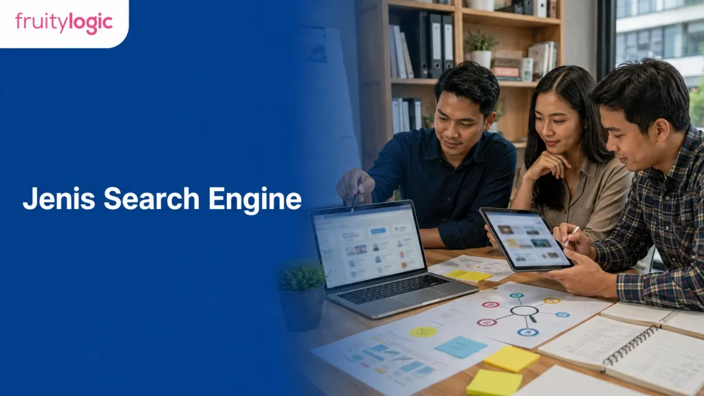 Tim digital marketing membandingkan berbagai jenis search engine di meja kerja modern
