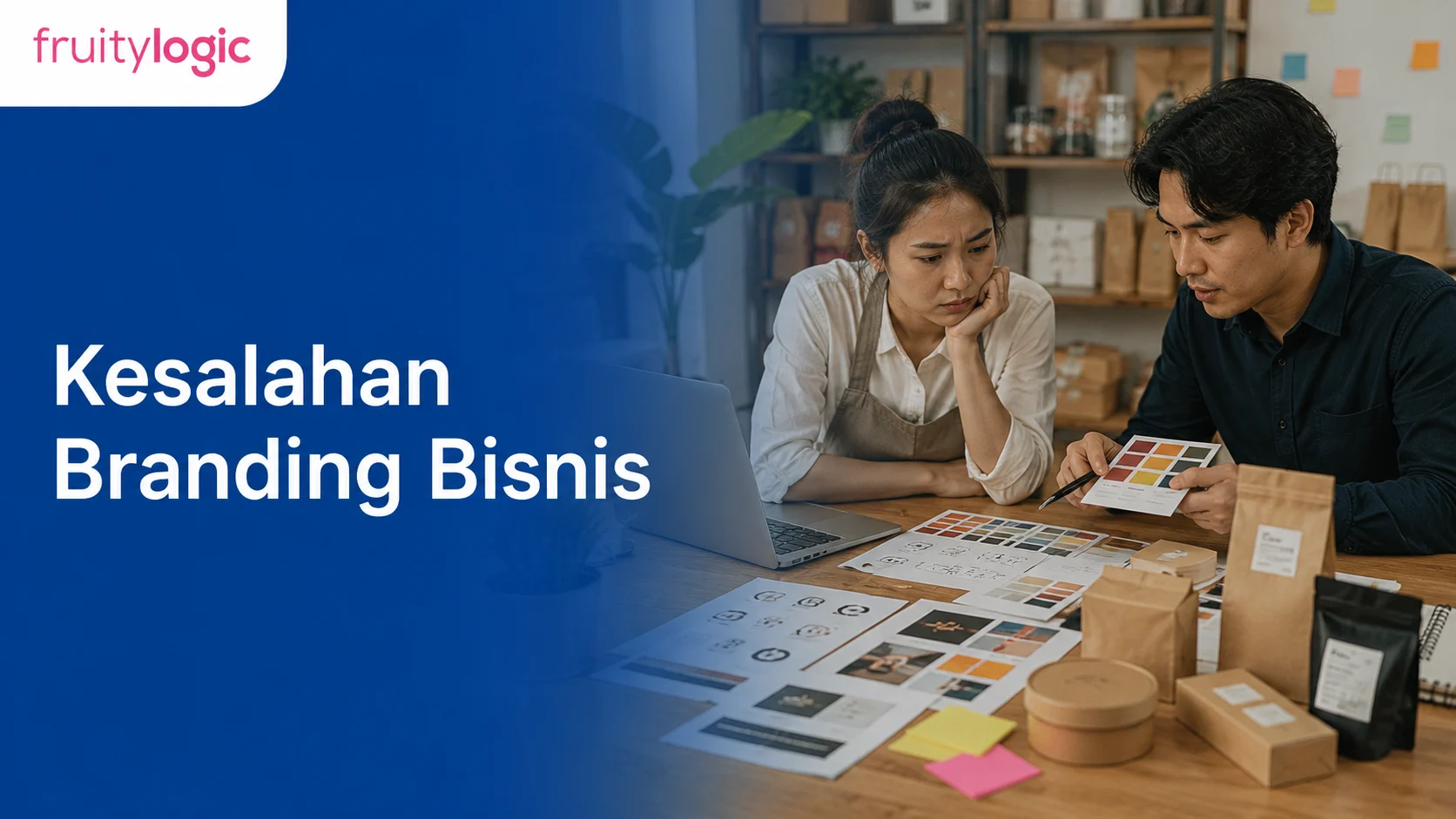 Pemilik bisnis dan spesialis desain meninjau materi branding yang belum konsisten