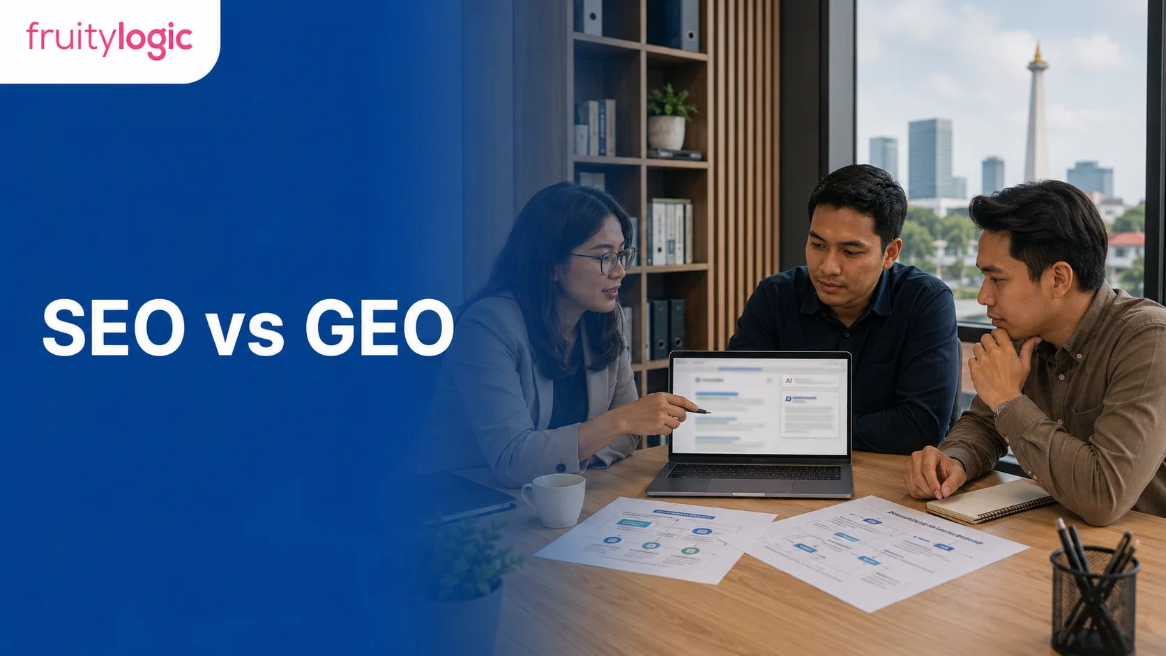 Tim digital marketing membahas SEO vs GEO dengan pemilik bisnis di ruang kerja profesional.