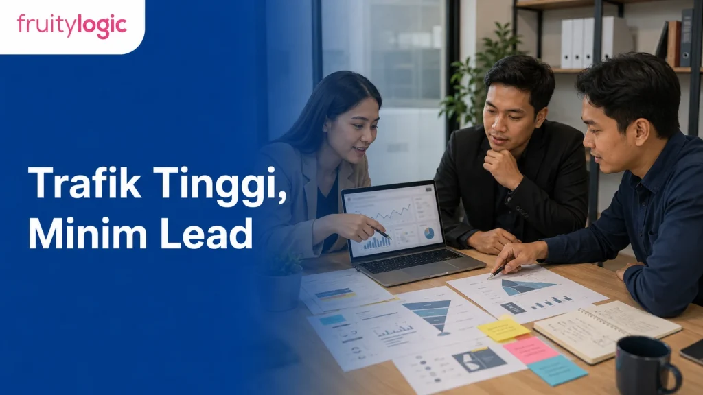 Tim marketing membahas trafik website dan lead bisnis di meja konsultasi.
