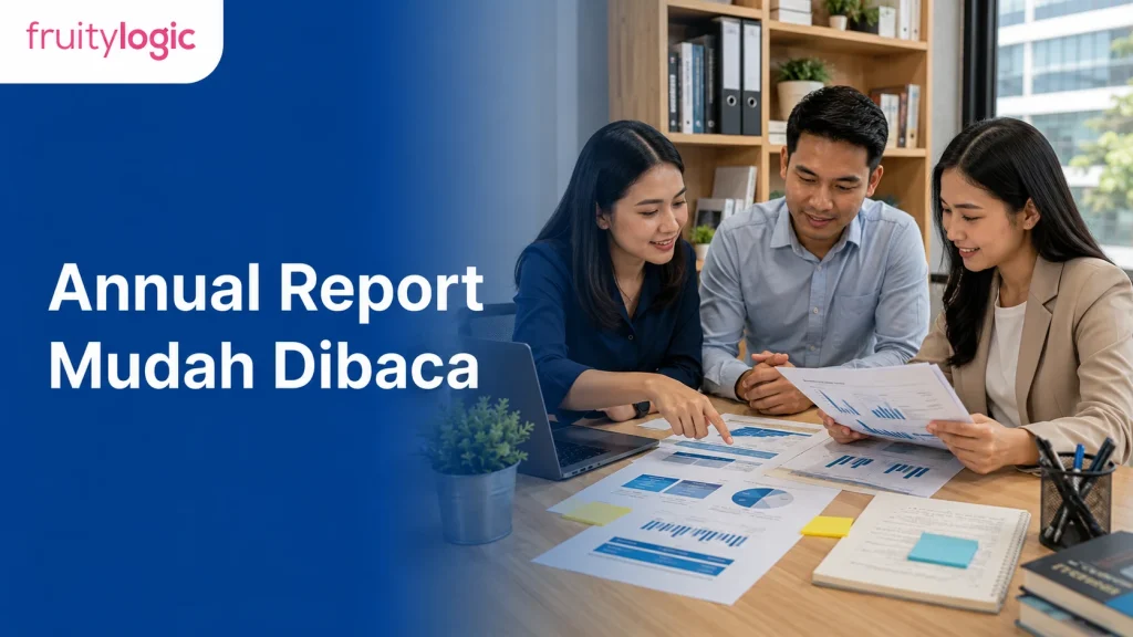 Tim bisnis meninjau annual report dengan grafik dan tabel yang lebih rapi di ruang kerja