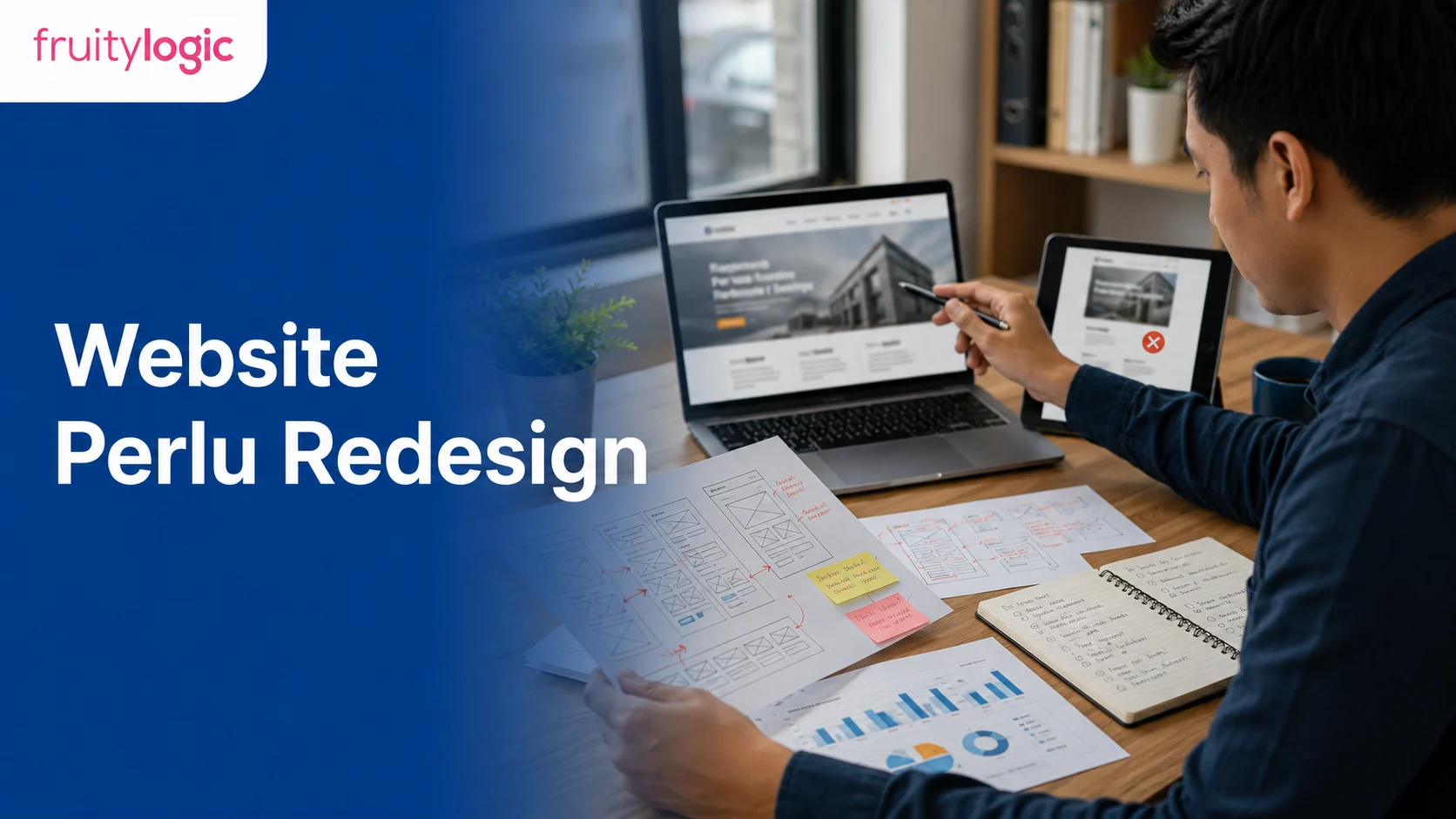 Meja audit website bisnis dengan wireframe, layar mobile, dan catatan redesign yang tidak terbaca