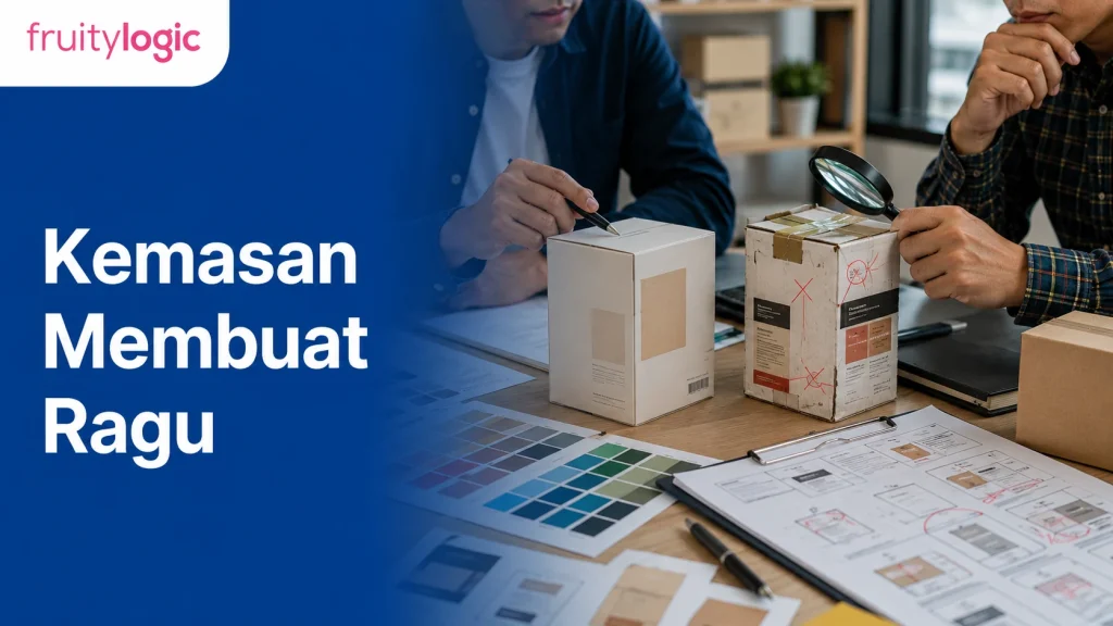 Meja review desain kemasan dengan contoh label rapi dan kemasan bermasalah