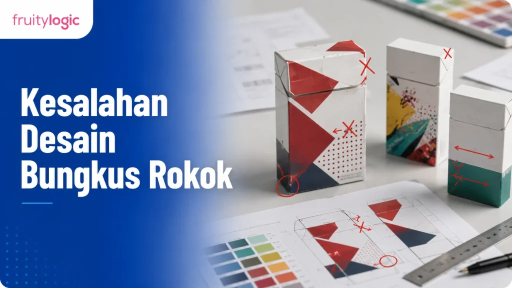 Mockup bungkus rokok dengan kesalahan tata letak yang sedang diperiksa di meja desain kemasan.