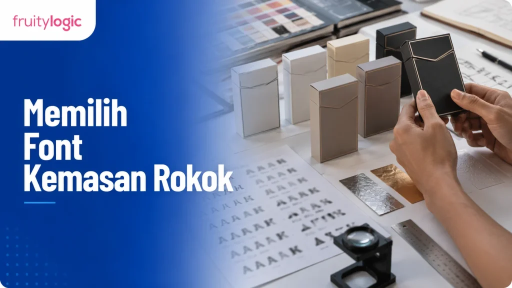 Mockup kemasan rokok dan sampel font sedang diperiksa di meja desain