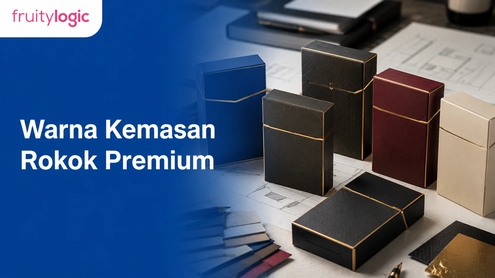 Mockup kemasan rokok premium dalam warna hitam, emas, burgundy, navy, charcoal, dan cream