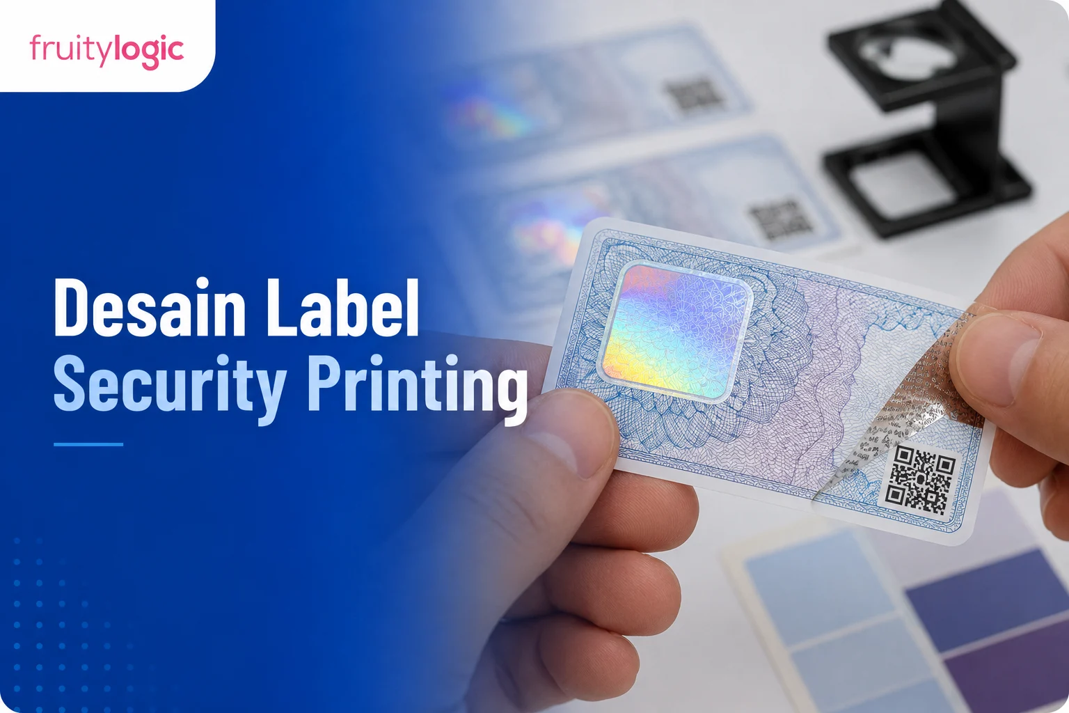 Tangan meninjau sampel label security printing dengan hologram, pola guilloche, microtext, dan QR code.